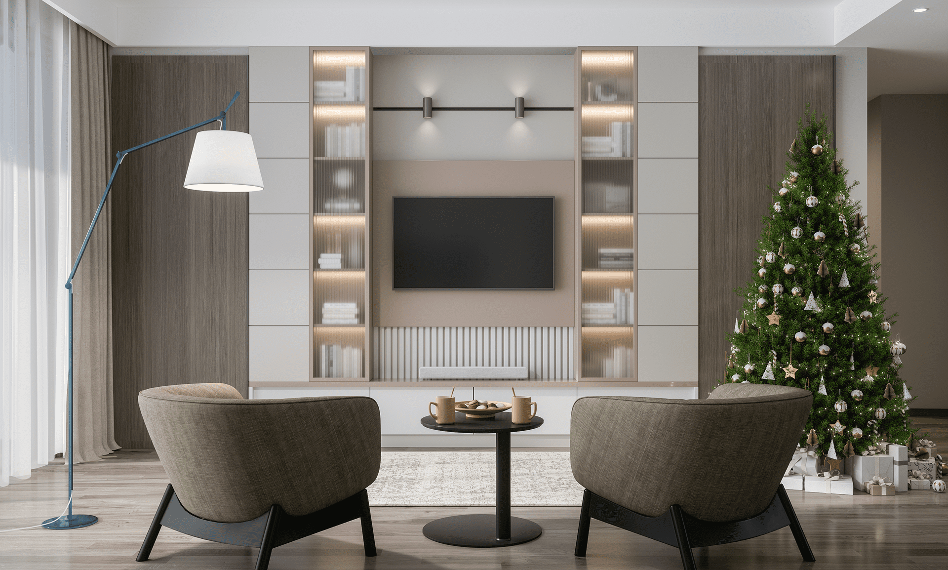 Modern living room with Christmas tree decor.