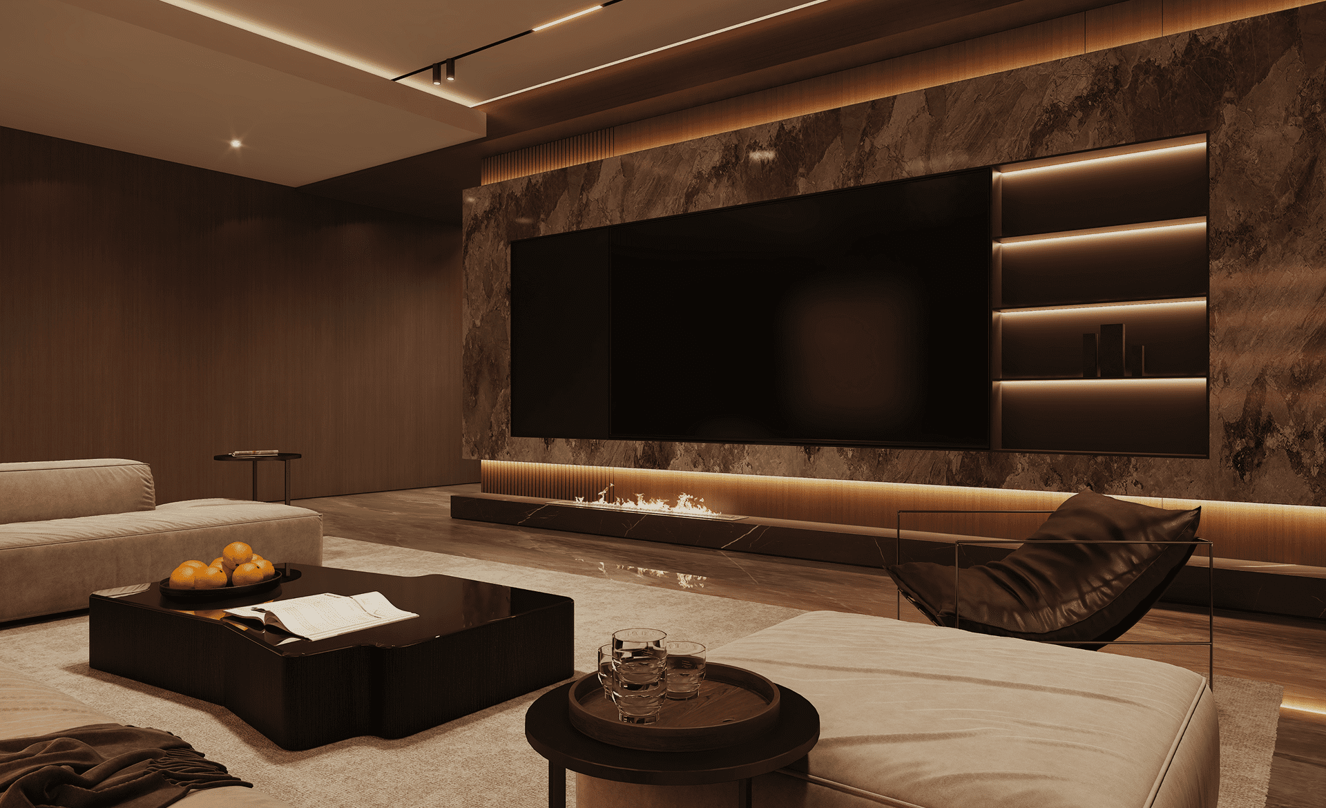 Modern living room with large TV screen.